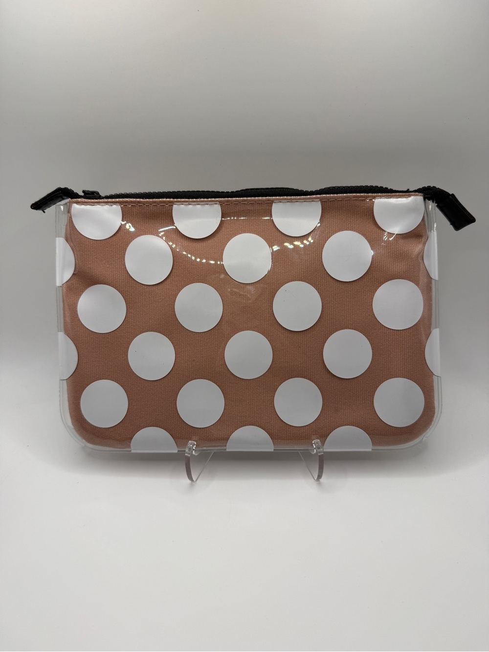 Kate Spade Clear Polka Dot Cosmetic Pouch Makeup Bag Rose Gold/Tan - Picture 2 of 4